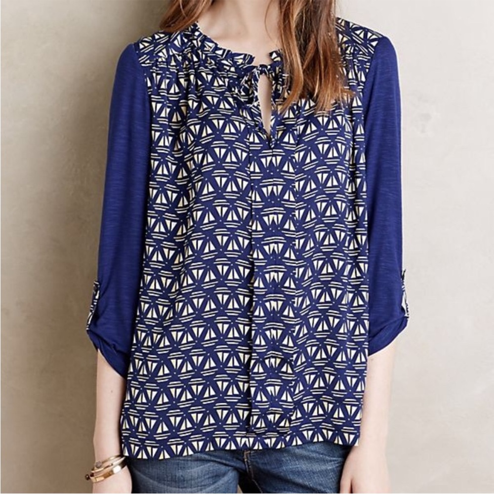 Meadow Rue Anthropologie Evella Sailboat Print‎ Top Medium Geometric Rayon